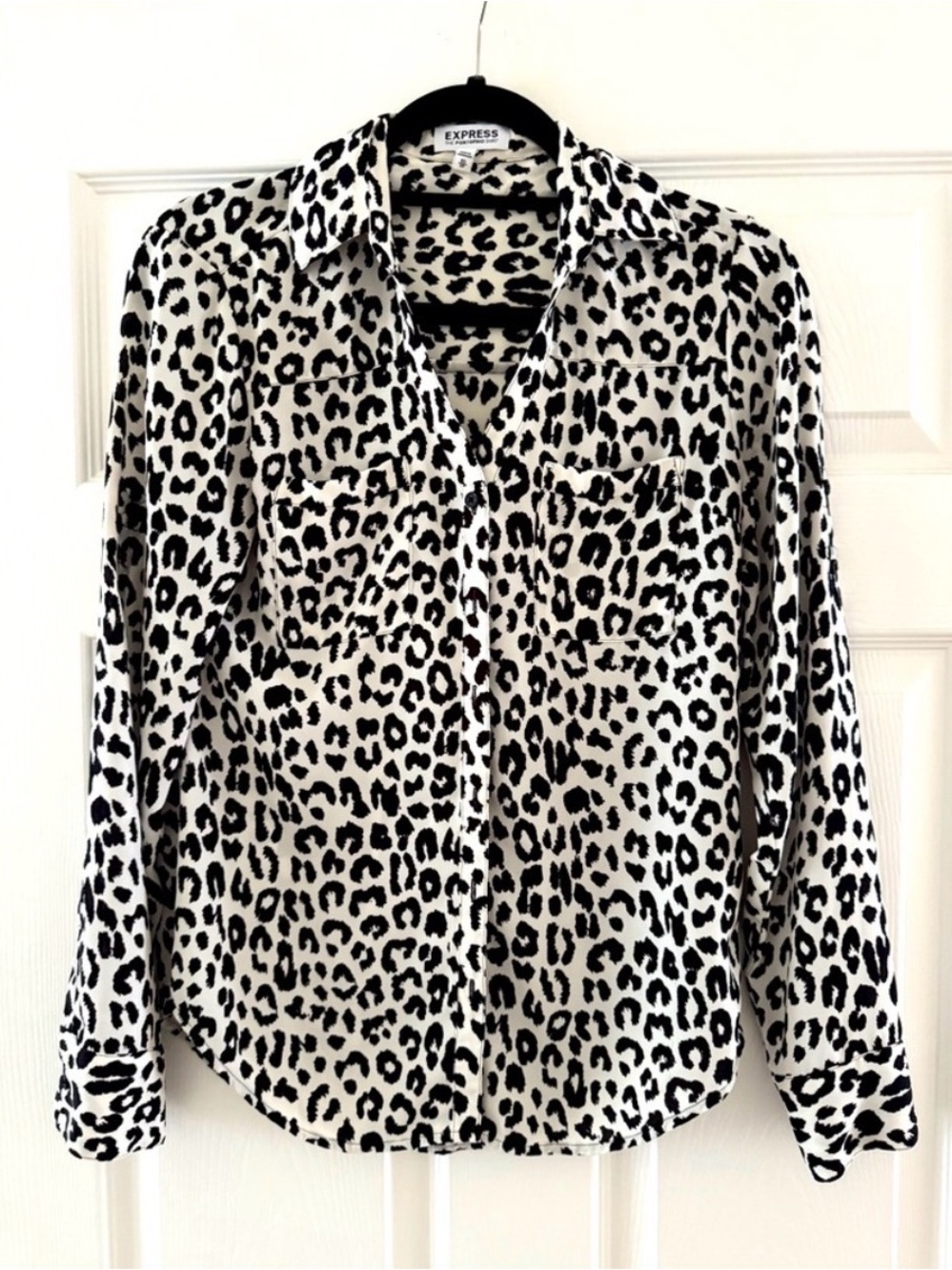 Express Black and White Leopard Print Button-Down Blouse
